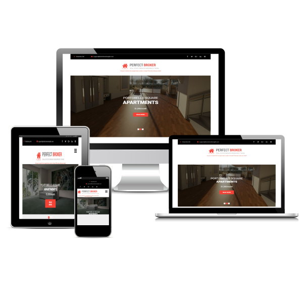 Picture showing the layout on different devices for the Apartment Broker theme design